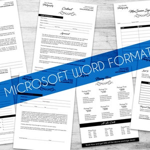 May include: A collection of printable forms for a photography business, including a contract, a model release form, a pricing form, and a client sign-up sheet. The forms are designed in a Microsoft Word format and feature a blue and white color scheme.