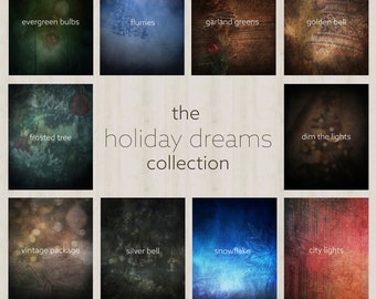 May include: A collage of 10 digital backgrounds for photography, featuring holiday themes like evergreen bulbs, frosted tree, vintage package, silver bell, snowflake, city lights, and more. The text "the holiday dreams collection" is in the center of the collage.
