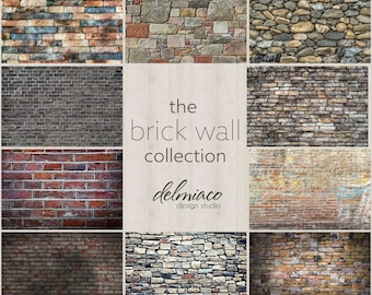 May include: A collage of nine different brick and stone wall textures. The walls are in various shades of brown, gray, and red. The text "the brick wall collection delmiaco design studio" is in the center of the collage.