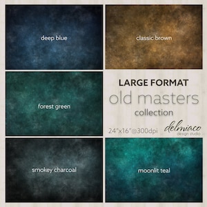 May include: A set of four digital backgrounds in deep blue, classic brown, forest green, and moonlit teal. The backgrounds are 61 cm by 41 cm at 300 dpi and are part of the "Large Format Old Masters Collection" by Delmiaco Design Studio.