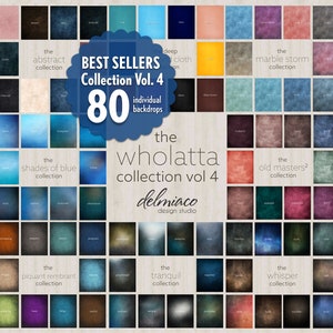May include: A collection of 80 digital backgrounds for graphic design and photography. The backgrounds are a variety of colors and textures, including blue, green, brown, and red. The text "BEST SELLERS Collection Vol. 4" is displayed in a circle with the number 80 in the center. The text "the wholatta collection vol 4" is displayed below the circle. The text "delmiaco design studio" is displayed below the text "the wholatta collection vol 4".