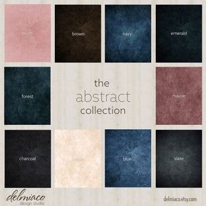 Puede incluir: Una colección de muestras de colores abstractos en un diseño de cuadrícula. Los colores incluyen rubor, marrón, azul marino, esmeralda, bosque, malva, carbón, crema, azul y pizarra. El texto "the abstract collection" está centrado.