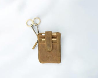 Handmade Leather Coin & Card Wallet: Greek Keychain Pouch