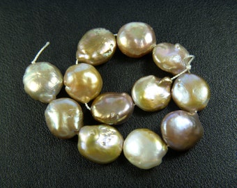 Large Freshwater Golden Coin Pearls - Full Set - 13 to 15mm - 7 Inches