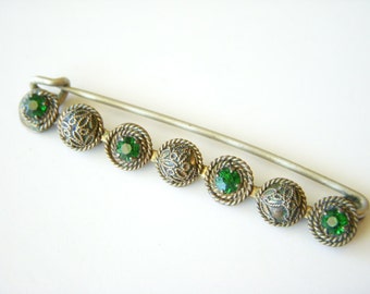 Antique Brass and Green Stone Brooch - 8x60mm