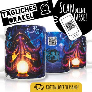 Orakel QR Code Tasse „Kraken“ – positive & negative Sprüche | Witzige spirituelle Kaffeetasse | Geschenk für Esoteriker und Hexen