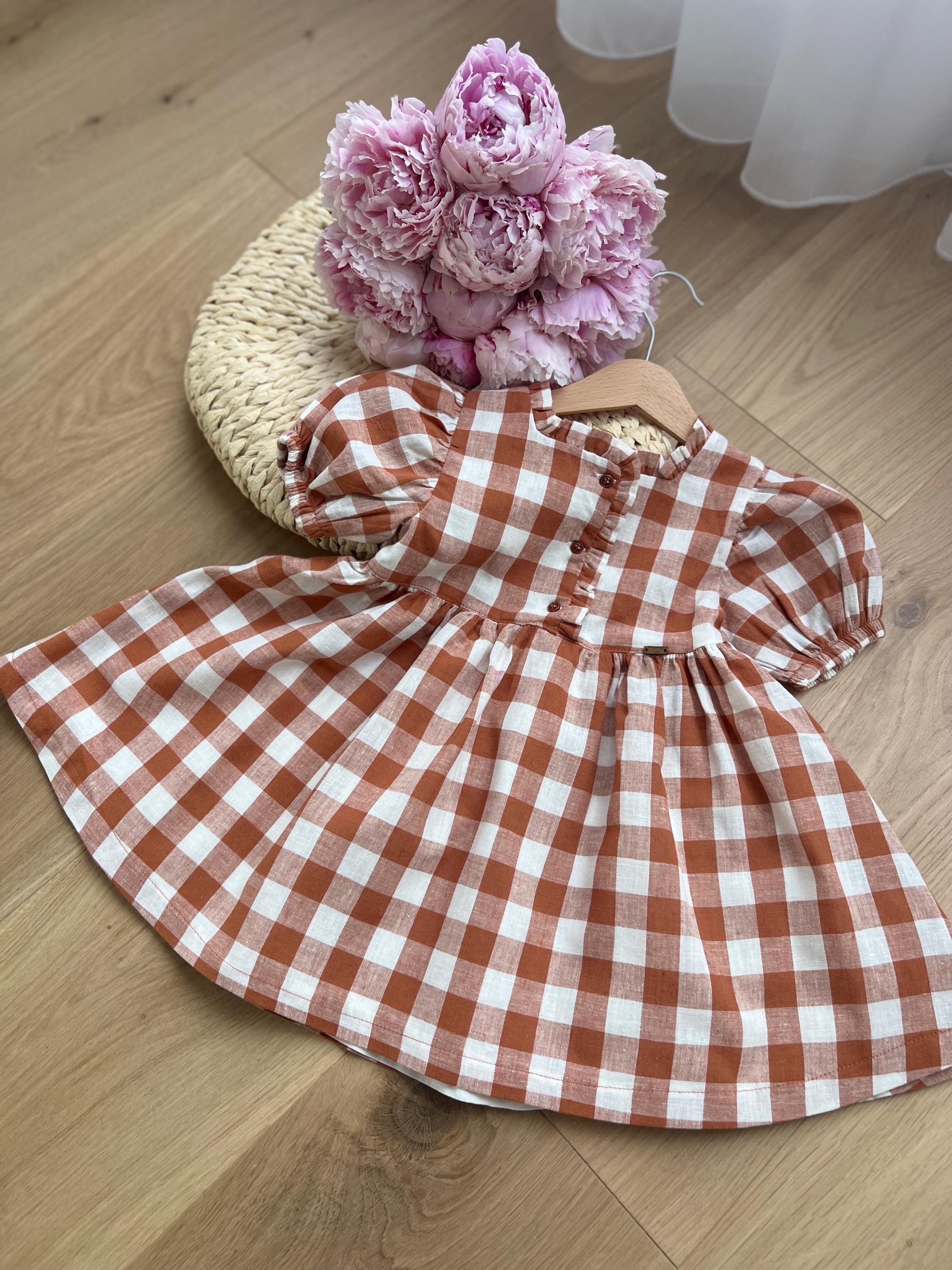 brown gingham dress toddler Vintage Linen Cotton – Puff Sleeve Outfit, Retro Summer Birthday Girl Dress GL-03.13.26 Size Chart Print Aqua Blue Dresses For Color:Coral Orange