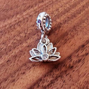 Serene Lotus Flower Dangle Charm,925 Sterling Silver Pink Lotus Hanging Pendant,Handmade Silver Bead,Fits European Bracelets and Necklaces