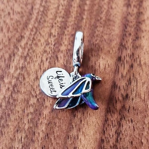 Pingente de pingente duplo de pássaro azul, pingente de prata esterlina 925 Life is Sweet, conta de prata feita à mão, serve para pulseiras e colares europeus