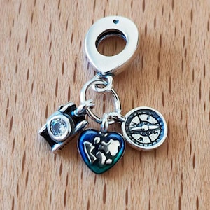 Camera, Heart & Compass Triple Dangle Charm,925 Sterling Silver Engraved Hanging Tag Charm Bead,Fits European Bracelets and Necklaces