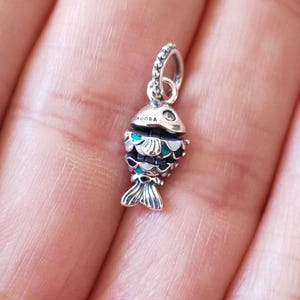 Blue Enamel Fish Charm: Sterling Silver Dangle Bead for Bracelet