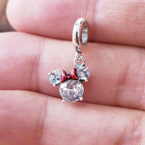 Sparkling Minnie Mouse Silhouette Dangle Charm Pendant,925 Sterling Silver and Clear Cz Charm Bead,Fits European Bracelets and Necklaces