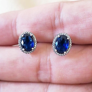 Sparkling Statement Halo Stud Earrings,Blue Oval Stone Stud Earrings,925 Sterling Silver Earrings with Cubic Zirconia For Women