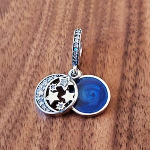Vintage Night Sky Charm,925 Sterling Silver Shimmering Midnight Blue Enamel Pendant,Handmade Silver Bead with Cz,Fits European Bracelets