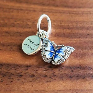 Blue Butterfly & Quote Dangle Charm Pendant,925 Sterling Silver Double Hanging Charm,Fits European Bracelets and Necklaces