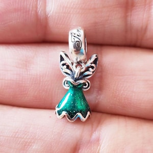 Tinker Bell Dress Charm Pendant,925 Sterling Silver and Green Enamel Charm,Handmade Silver Bead,Fits European Bracelets and Necklaces