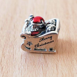 Santa Sleigh Pendant Charm,925 Sterling Silver Christmas Charm Bead with Red Enamel,Fits European Bracelets and Necklaces