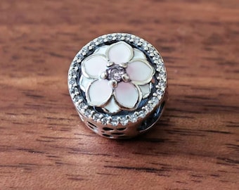 Magnolia Bloom Charm,925 Sterling Silver Pale Cerise Enamel Flower