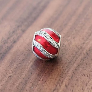 Adornment Transparent Charm,925 Sterling Silver Red Enamel Pave Line Charm,Handmade Silver Bead,Fits European Bracelets and Necklaces