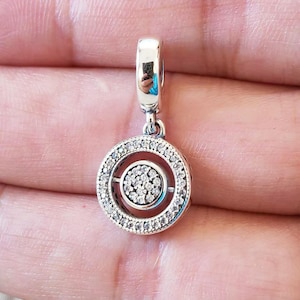 Pave Circle Dangle Charm,925 Sterling Silver Signature Pendant Charm,Handmade Silver Bead,Fits European Bracelets and Necklaces