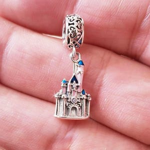 Sleeping Beauty Castle Dangle Charm Pendant,925 Sterling Silver Pink Enamel Charm Bead,Fits European Bracelets and Necklaces