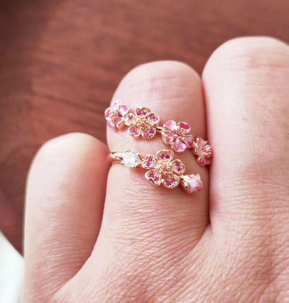 Pink Peach Flower Ring,Rose Gold Plated Peach Blossom Ring,Fashion Ring For Women,Gift For Her