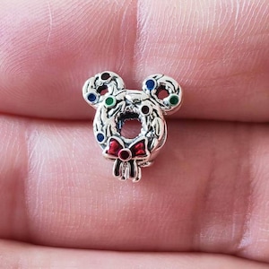 Mickey Mouse Christmas Wreath Charm Pendant,925 Sterling Silver Christmas Charm,Handmade Silver Bead,Fits European Bracelets and Necklaces