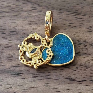 Gold Plated Cinderella Carriage & Heart Dangle Charm, Blue Enamel