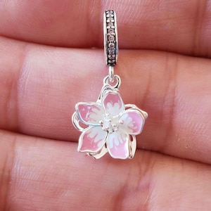 Cherry Blossom Dangle Charm,925 Sterling Silver Cherry Flower Charm Pendant,Handmade Charm Pendant,Fits European Bracelets Necklaces