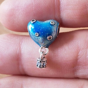 Hot Air Balloon Heart Dangle Charm,925 Sterling Silver Blue Enamel Pendant,Handmade Silver Bead,Fits European Bracelets and Necklaces