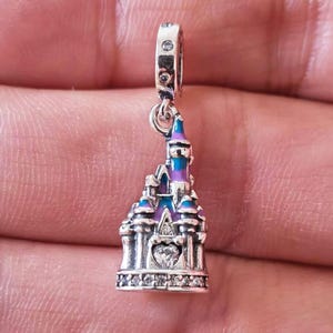 Disneyland Castle Dangle Charm Pendant,925 Sterling Silver Pink and Blue Enamel Charm Bead,Fits European Bracelets and Necklaces