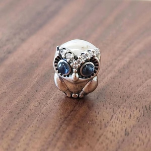 Ciondolo a forma di gufo scintillante, ciondolo a forma di animale con occhi azzurri in argento sterling 925, perlina in argento fatta a mano, adatta a bracciali e collane europee