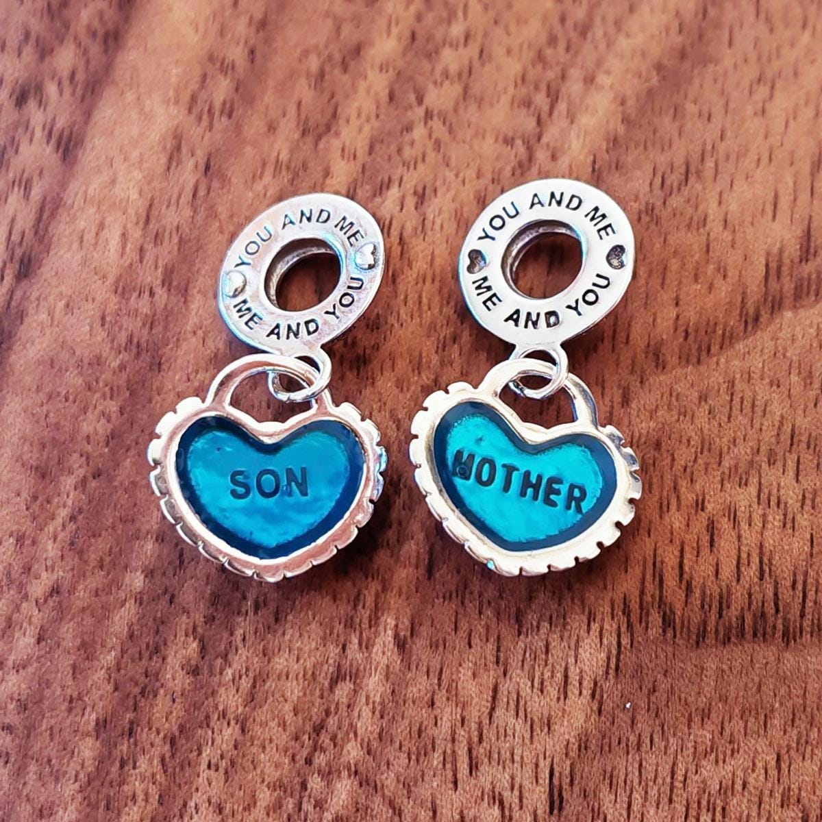 Mother Son Heart Dangle Charm, Blue Enamel, 925 Sterling Silver