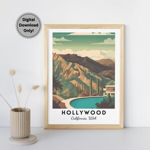 Hollywood Kalifornien Kunstdruck, kultiges Hollywood-Zeichen Poster, digitaler Download, Los Angeles Wandkunst, USA Reise-Dekor, Malerische Stadtansicht