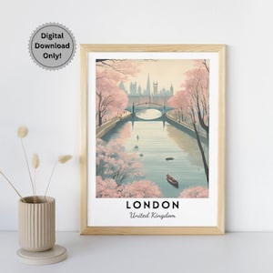 London Skyline Art Print, River Thames & Boats Poster, Digital Download, London Cityscape Wall Art, UK Landmark, British Travel Decor