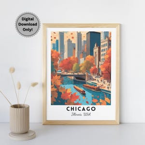 Chicago Herbst Skyline Kunstdruck, Herbst Stadtbild Poster, digitaler Download, USA Reise Wandkunst, Herbstlaub, Stadtlandschaft