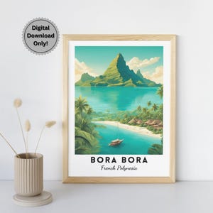 Impresión artística de la isla de Bora Bora, póster de paraíso tropical, descarga digital, arte mural de la Polinesia Francesa, vista al mar, decoración de paisaje de playa
