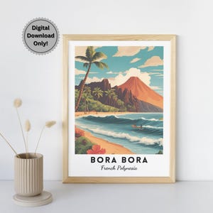 Impresión artística de la isla tropical de Bora Bora, póster de la Polinesia Francesa, descarga digital, arte mural de playa paradisíaca, decoración de paisaje con vista al mar