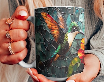 Hummingbird Mug with Stained Glass Art | Elegant Boho | Perfect Nature Lover Gift | Aesthetic Mug for Outdoor Enjoyment and Mother's Day