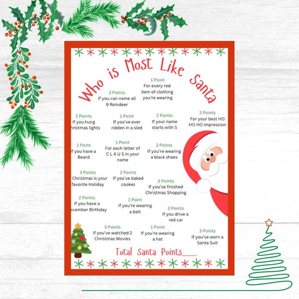 Wer ist die meisten Weihnachtsmann wie Weihnachtsmann, lustiges, einfaches Gruppenweihnachtsfestspiel, Friendsmas oder Familienaktivität für Erwachsene, Jugendliche und Kinder, druckbar