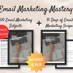 May include: A digital marketing product bundle featuring 100 email marketing subjects and 91 days of email marketing swipes. The product includes MRR and PLR. The image shows a laptop computer with a hand typing on the keyboard. The text "Email Marketing Mastery" is displayed at the top of the image.