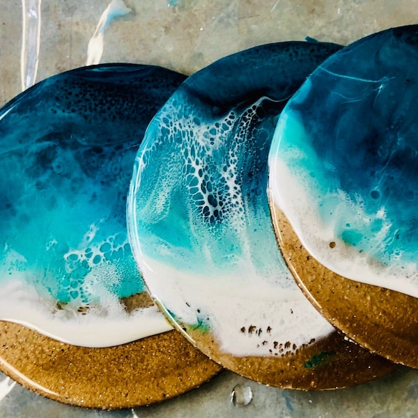 Seashore resin ocean wave Christmas ornament/Coaster,mini-painting,spoon rest or trivet with luxurious  gold sand.