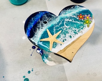 Handpainted Resin Ocean Wave Heart: Starfish & Hibiscus Magnet