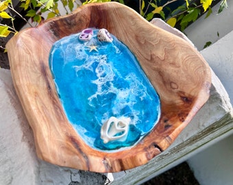 Resin Walnut Wood Bowl, ocean living, beach vibe, home decor, dish, keys, resin waves.