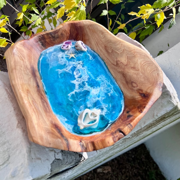 Decorative Walnut Wood Bowl, ocean living, beach vibe, home decor, dish, keys, resin waves. Ocean design, coastal, seashore, shells, sand