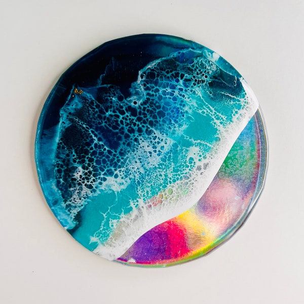 Posavasos de olas de playa pintado a mano de resina holográfica, salvamanteles, reposacucharas, mini pintura. /Decoración del océano/ Regalo de playa / Vida costera/ Regalo de surfista/