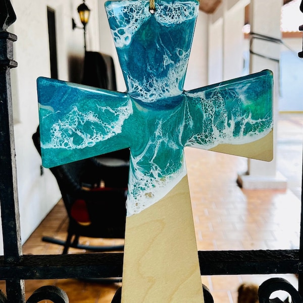 Ocean hand painted wave cross. 2-12 in. Christmas ornament, Keychain, magnet, wall decor, ornament, pocket cross. Choose color and purpose.