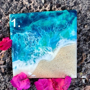 Beach Ocean resin art tiles, coasters, or trivets .   6x6 inch hand-painted resin ocean ceramic tile.