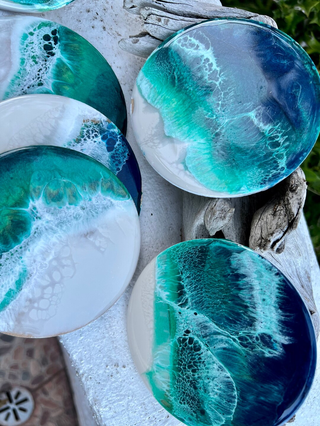 White Beaches, Turquoise 4 Inch Hand Painted Resin Paintings Can Be Used as Trivets, Coasters