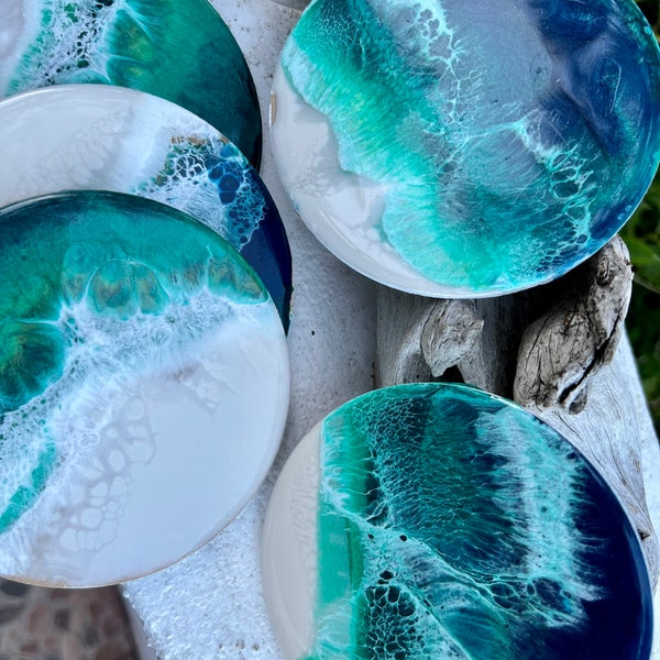 White Beaches, Turquoise 4 inch hand painted resin paintings can be used as trivets, coasters, paintings, or spoon rests. Listing for 1.